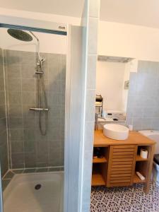 un baño con ducha y lavabo en Face à la Citadelle - Jardin & Parking privé, en Forcalquier 9 fotos más