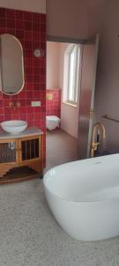 a bathroom with a tub and a sink and a mirror at Boetiekhotel Het Gezellenhuis in Ouderkerk aan de Amstel +5 photos