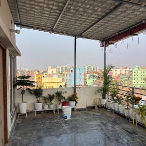 uma varanda com um monte de vasos de plantas num edifício em Nomadic Patna em Patna