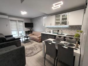 a kitchen and living room with a table and chairs at Apartman MILOVANOVIĆ in Vrnjačka Banja