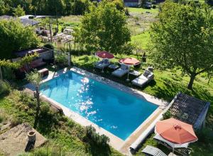 an overhead view of a swimming pool with chairs and umbrellas at La Colline Digoin in Digoin