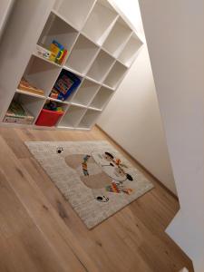 Appartement WiSo في ماوترندورف: غرفة بها سجادة على الأرض بجوار رف