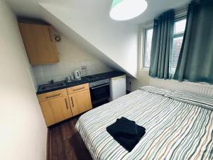 een kleine slaapkamer met een bed en een wastafel bij Pebbles Guest House - Flat 6 in Southampton