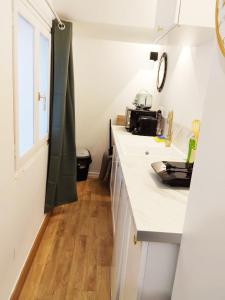 Køkken eller tekøkken på Plein centre Cosy 38m2 avec accès terrasse, spa et sauna communs Place Dalton