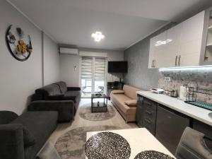 a kitchen and living room with a couch and a table at Apartman MILOVANOVIĆ in Vrnjačka Banja