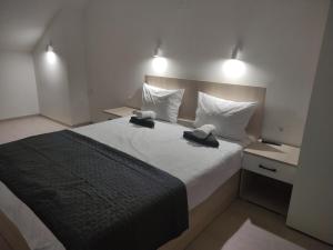 a bedroom with a large bed with two towels on it at Vila Čair DOPLATA ZA BAZEN in Soko Banja +32 photos