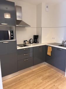 a kitchen with gray cabinets and a sink and a microwave at Domitys Les Châtaigniers in Panazol +14 photos