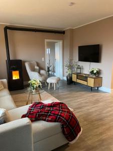 ヴィンターベルクにあるDottie's Placeのソファと薄型テレビのあるリビングルーム