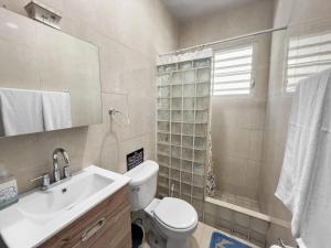 Un baño con inodoro, lavabo y ducha. en Casa Luquillo Cozy Retreat House With Pool n Tub, en Luquillo 26 fotos más