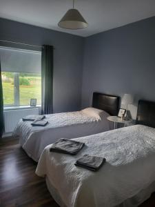 a hotel room with two beds and a window at Sunny south east in Wexford in Blackwater
