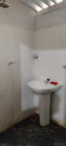 Un baño con un lavabo blanco en una habitación. en Sinharaja Tour Guide, en Nikawatawana