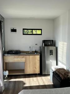 Alto Paraiso Glamping "A" في Carmen de Viboral: مطبخ مع حوض وثلاجة