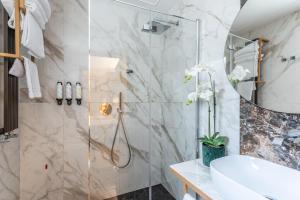 ローマにあるHotel Raffaello - Sure Hotel Collection by Best Westernのシャワーと洗面台付きのバスルーム