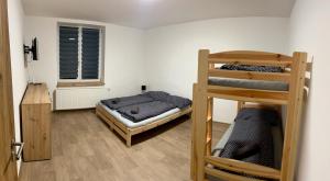 een kamer met twee stapelbedden en een raam bij Na Zlaťáku in Malá Morava