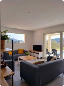 een woonkamer met blauwe banken en een tv bij Villa Hestia in Goudargues