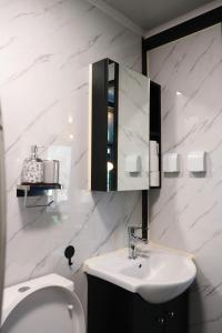 een badkamer met een wastafel, een toilet en een spiegel bij 'De Schuif' in Berlicum