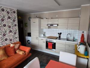 Ferienwohnung Nähe Flughafen mit Schwimmbad und Sauna في مورفلدن فالدورف: غرفة معيشة مع أريكة ومطبخ