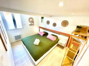 a bedroom with a green bed with pink pillows at " Petit Nid Muretain " Arrivée autonome - Wifi in Muret +21 photos