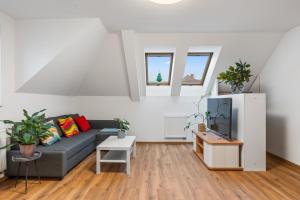 een woonkamer met een bank en een tv bij The Dante House Šeberov in Praag