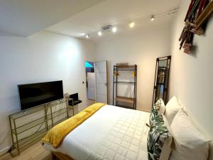 a bedroom with a bed and a flat screen tv at Charmant deux pièces en plein centre-ville de NARBONNE in Narbonne