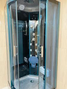 una ducha con puerta de cristal en un baño en Pensiunea La Vio, en Grozavesti