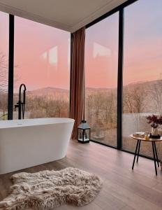 a bath tub in a bathroom with a large window at Nest House in Dubova