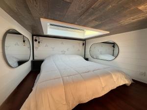 a bedroom in a tiny house with two windows at La Tiny du Rioux in Lagnieu