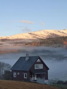 a house in the middle of a field with a foggyermottermott at Superkoselig familiehus med lekerom - Barnevennlig in Vossevangen