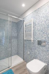 a bathroom with a toilet and a shower with blue tiles at Casa da Praia - Matosinhos Mar in Matosinhos +21 photos