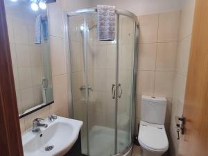 Un baño con ducha, inodoro y lavabo. en Apto Vista Baía Machico, en Machico