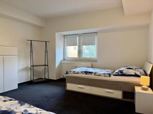 a bedroom with two beds and a window at Monteurwohnung Peenstuuv in Demmin