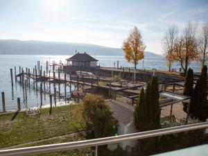 a dock on the water with a house on it at Ferienwohnung Koch Thurgauer Weg in Reichenau
