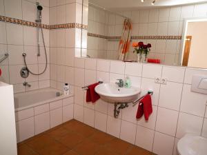 a bathroom with a sink and a toilet and a tub at Ferienwohnung Koch Thurgauer Weg in Reichenau +16 photos