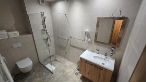 a bathroom with a shower and a sink and a toilet at Apartman C437 Aparthotel Vucko Jahorina privatni apartman in Jahorina +12 photos