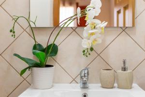 a bathroom sink with two vases and flowers on it at Casa Teo in Monastir