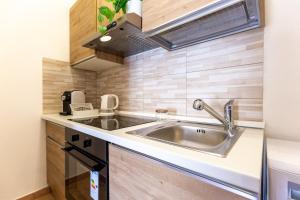 a kitchen with a stainless steel sink and wooden walls at Casa Teo in Monastir +29 photos