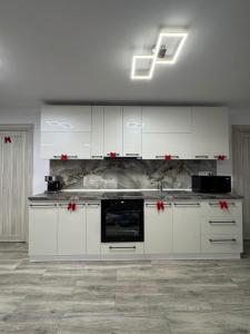 una cucina con armadi bianchi e archi rossi di Sunny Hill Cab a Bulz