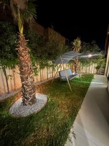 a garden at night with a hammock and a palm tree at Luxury Villa Marrakech in Marrakesh