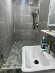 a bathroom with a sink and a shower at Akwaaba BnB in Accra +7 photos