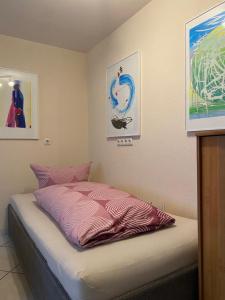 ein Bett mit einer rosa Bettdecke in einem Zimmer in der Unterkunft Weimar Ferienwohnung am Goethepark in Weimar