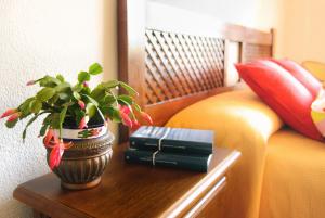 una maceta en una mesa junto a una cama en Hotel Galaroza Sierra en Galaroza