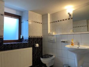 ein Badezimmer mit Toilette und Waschbecken und einem Fenster in der Unterkunft Weimar Ferienwohnung am Goethepark in Weimar + 7 Fotos