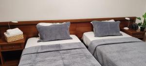 Dos camas con almohadas grises en una habitación. en Pensiunea Terra Serenity, en Snagov