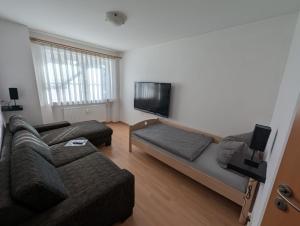 a living room with a couch and a flat screen tv at Ferienwohnung mit Garten in der Nähe Landshut in Geisenhausen