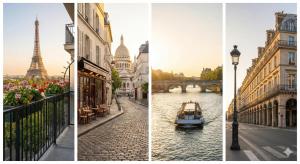 three different views of the city of paris and the eiffel tower at Le Sky - Penthouse d'Exception avec Vue Panoramique et Terrasse en Plein Cœur d'Orsay Paris-Saclay in Orsay