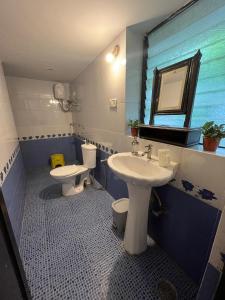 Indigo Orchid Homestay - A spacious, serene villa with terrace and farm view في Saligao: حمام مع مرحاضين ومغسلة