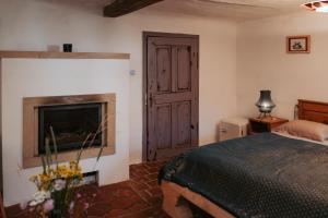 a bedroom with a fireplace and a bed and a tv at Usedlost Ledňáček - Boutique Wellness & SPA in Písečné +38 photos