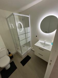 a bathroom with a toilet and a sink and a mirror at Appartements & Spa Orly Paris in Villeneuve-Saint-Georges