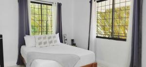 a white bed in a room with two windows at Casa Emma Quepos in Quepos