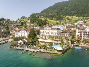 an aerial view of a town on the water at Hotel Beau Rivage Weggis in Weggis